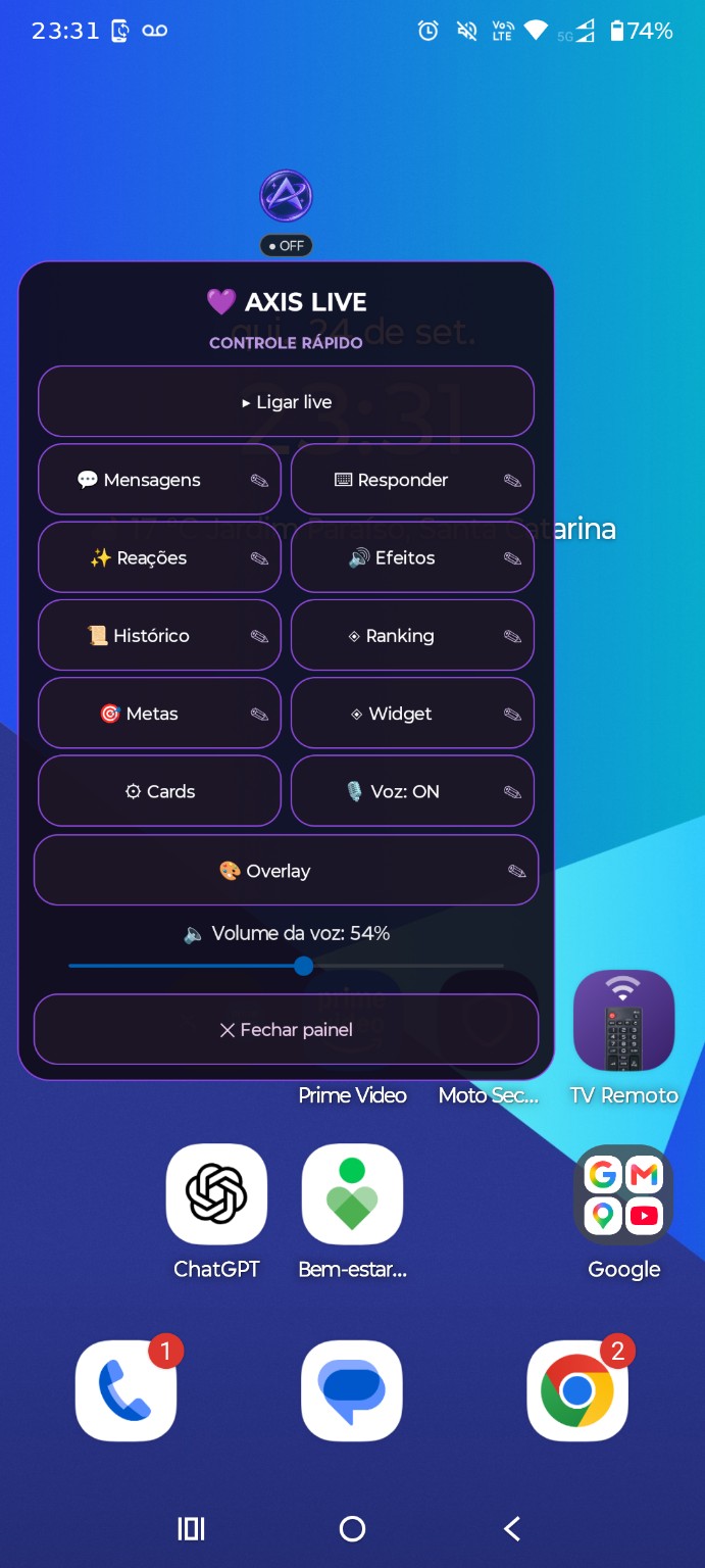 Menu da bolha flutuante do Axis Live